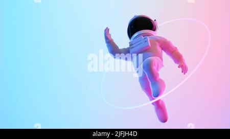 Astronaut entfliehen aus der Leere. Abstrakt psychedelisch Science Fiction und Astronomie surrealer Hintergrund. Low-Angle-Ansicht. 3D Rendern. Stockfoto