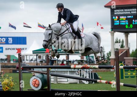 Calgary, Alberta, Kanada, 2022-07-03, Jordan Coyle (IRE) auf ARISO, Spruce Meadows International Showjumping, Pan American Cup by Rolex. Stockfoto