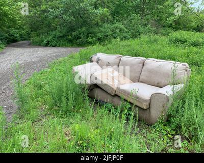 Centralia, USA. 17.. Juni 2022. Ein altes Sofa ist mit Pflanzen überwuchert, neben einem Pfad in Centralia. Ein Kohlefeuer hatte die einst blühende Stadt im US-Bundesstaat Pennsylvania in eine Geisterstadt verwandelt. Kredit: Benno Schwinghammer/dpa/Alamy Live Nachrichten Stockfoto