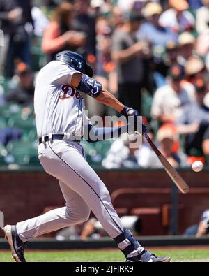 Der Detroit Tigers-Outfielder Riley Greene (31) war während eines MLB-Spiels zwischen Detroit Tigers und San Francisco Giants im Oracle Park in San Franc bei der Fledermaus Stockfoto