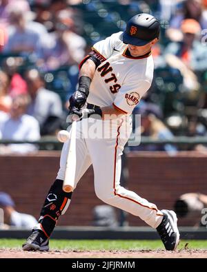 Tommy La Stella (8) von den San Francisco Giants während eines MLB-Spiels zwischen Detroit Tigers und San Francisco Giants im Oracle Park in San Stockfoto