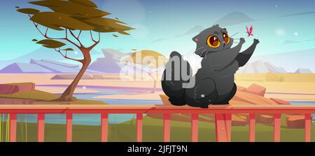 Niedliche Katze, die mit Schmetterling spielt, auf der Terrasse auf Geländern sitzt, mit wunderschönem Blick auf die Savannenlandschaft mit Bäumen, Fluss und Ebene. Cartoon Kätzchen fangen fliegende Insekten, Vektor-Illustration Stock Vektor