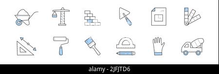 Bau und Bau Doodle Ikonen. Schubkarre mit Sand, Kran, Ziegelwand, Kelle, Palette und Blaupause. Malrolle, Pinsel und Dreieckslineal, Vektorzeichen Stock Vektor