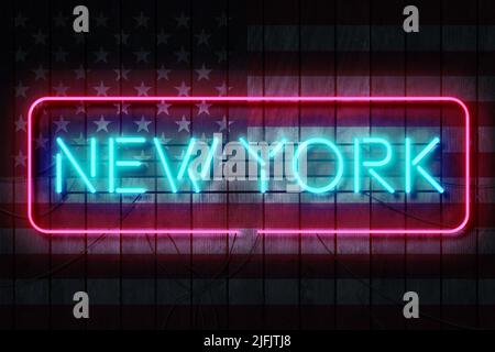 New York Neon-Schild auf einer dunklen Holzwand 3D Illustration mit Sternen und Streifen Hintergrund. Stockfoto