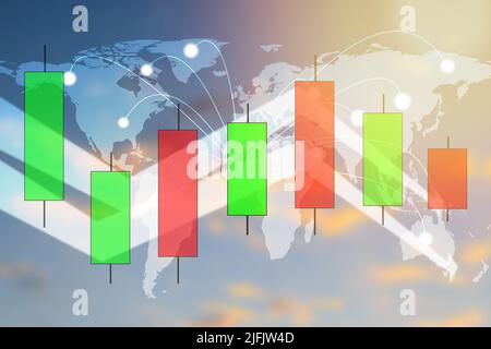 Candle-Stick-Diagramm des Aktienmarkt-Investment-Trading mit Wort-Karte Hintergrund und Verbindungssymbol Kommunikationslinie. Geschäfts- und Finanzwesen Stockfoto