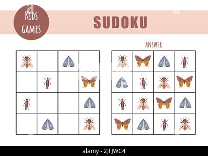 Sudoku für Kinder. Aktivitätsblatt für Kinder. Puzzle-Spiel mit Boho Schmetterlinge. Bildungs- und Freizeitkonzept. Vektor-Illustration im flachen Cartoon-Stil Stock Vektor