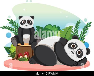 Zwei niedliche Pandas in flacher Cartoon-Stil Illustration Stock Vektor