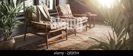 Modernes, dunkles Wohnzimmer mit japandiischem Interieur. Sonnige Wohnung mit großen Fenstern und Sesseln. Hampton Style 3D Render-Illustration. Stockfoto