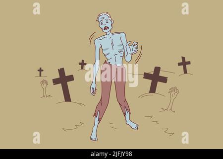 Zombie, der nachts auf dem Friedhof läuft. Gruseliges Monster an Halloween draußen. Toter Gang. Vektorgrafik. Stock Vektor