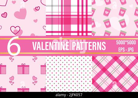 Pink Valentine nahtlose Musterkollektion mit Herzen, Streifen und Karo Stock Vektor