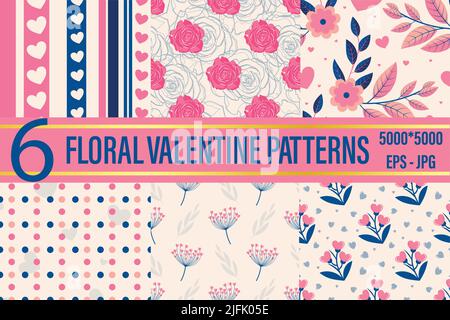 Floral Valentine nahtlose Musterkollektion, Muster mit Herzen, Rosen, Blumen und Tupfen Stock Vektor