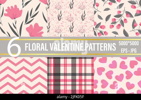 Floral Valentine nahtlose Musterkollektion, Muster mit Herzen, Rosen, Blumen und Tupfen Stock Vektor