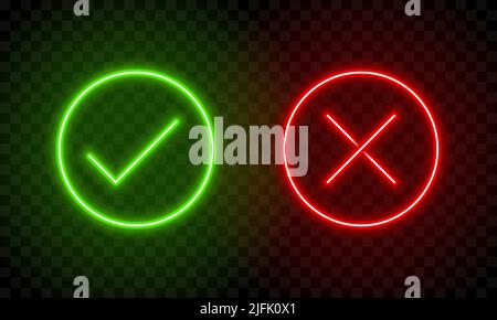 Häkchen und Kreuzzeichen in Neon-Optik. Grünes Häkchen und rotes Kreuz. Retro-Schilder mit leuchtendem Neon. Vektorgrafik Stock Vektor