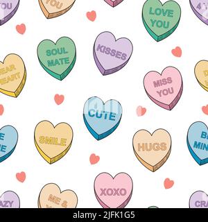 Valentinstag Candy Hearts Nahtloses Muster, romantische Sprüche, bunte Candy Hearts Stock Vektor