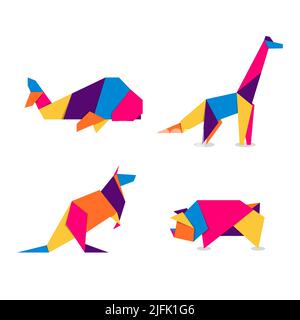 Set Tiere Origami. Abstraktes, farbenfrohes und lebendiges Tierlogo-Design. Tierisches Origami Stock Vektor