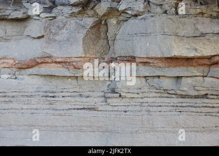 Schiefersteinstruktur, Schichten in gleichmäßigen Streifen. Vorderansicht. Stockfoto