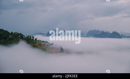 Panoramablick auf Sametnangshe, Blick auf Berge in der Phangnga Bucht mit Mangrovenwald in andamanensee mit Abenddämmerungshimmel, Reiseziel in Phangnga, Thailand Stockfoto