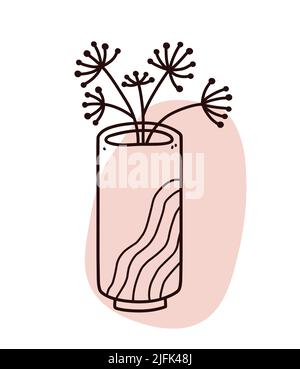 Abstraktes Blumendoodle mit farbiger organischer Form. Minimalistische Vase mit isolierten Ästen auf weißem Hintergrund. Handgezeichnete Vektorgrafik. Perfekt für Karten, Dekorationen, Logos, Poster. Stock Vektor