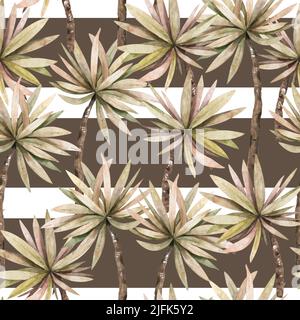 Tropisches Aquarell exotische Dschungel Pflanzen, Blätter, Blumen Pastellfarbe nahtlose Stoff Hintergrund. Palmen nahtloses Muster in Schwarz und Weiß Stockfoto