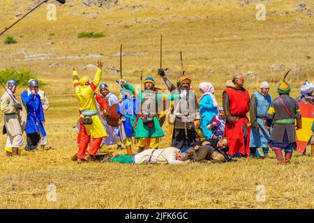 Lavi, Israel - 01. Juli 2022: Nachstellung der Schlacht von Hattin 1187 (Ayyubid Sultan Saladin besiegte die Kreuzritter): Ayyubiden Sieg. Stockfoto