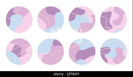 Eine Reihe von Instagram Story Highlights umfasst Icons. Hintergrundbilder zur Sammlung von Geschichten aus sozialen Medien. Abstrakter geometrischer Hintergrund mit Pastellfarben. Paket o Stock Vektor