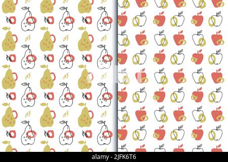Apfel, Birne nahtlose Muster, Satz von 2. Bunte Früchte, runde Silhouetten. Hand gezeichnet naiv Cartoon kindliche Illustration, rot gelb helle Farbe Stock Vektor