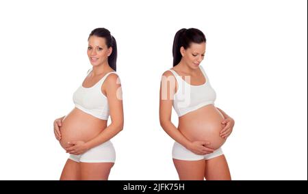 Junge schöne Schwangere streichelt ihren Bauch, auf weißem Hintergrund Stockfoto