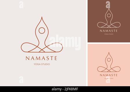 Sammlung von Yoga, Zen und Meditation Logos, lineare Symbole und Elemente. Minimalistische Illustrationen im böhmischen Stil in Pastellfarben Stock Vektor