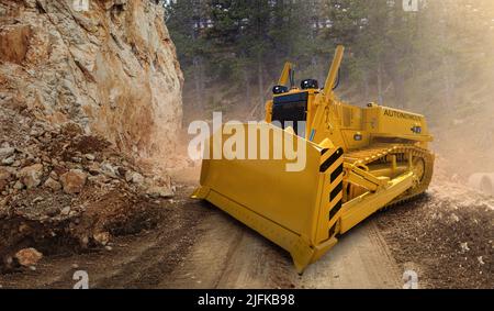 Konzept eines autonomen Bulldozers. Intelligente Industriemaschine Stockfoto