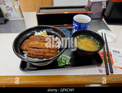 Nahaufnahme von Unadon oder Unagi Don, gegrillter japanischer Aal-Reisschüssel Stockfoto