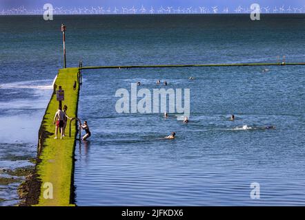 Foto-Shows: Schönes Wochenend-Wetter in Margate, als Badegäste den Walpole Bay Gezeitenpool nutzten. Schleichend entlang der rutschigen Moos beladen Themse Es Stockfoto