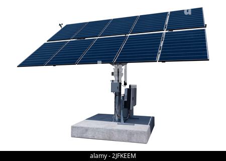 Solarmodul mit Sonnenausrichtung isoliert auf weißem Hintergrund Stockfoto
