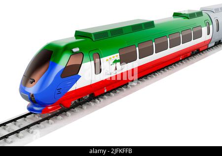 Äquatoguineafahne auf dem Hochgeschwindigkeitszug. Bahnreisen in Äquatorialguinea, Konzept. 3D Darstellung isoliert auf weißem Hintergrund Stockfoto