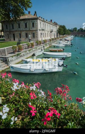 Kleine Boote, die in Peschiera , Gardasee, Italien festgemacht sind. Geranien im Vordergrund Stockfoto
