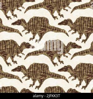Braun handgezeichnete Spinosaurus fossile Knochen Dinosaurier nahtloses Muster. Geschlechtsspezifische neutrale jurassische Silhouette für die Babykrippe. Home Dekor für Museum Stockfoto