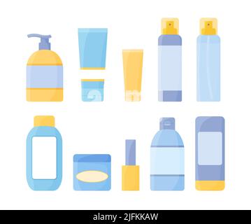 Set aus kosmetischen Verpackungen. Vector Sammlung von Cremeflaschen, Röhrchen, Spray. Kosmetik- und Hautpflegeprodukte isoliert. Flache Vorlagen von kosmetischen Paket. Stock Vektor