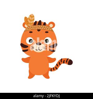 Niedlicher Tribal Tiger. Wild und frei. Cartoon Tierfigur für Kinder T-Shirts, Baumschuldekoration, Babydusche, Grußkarte, Einladung, Haus intern Stock Vektor