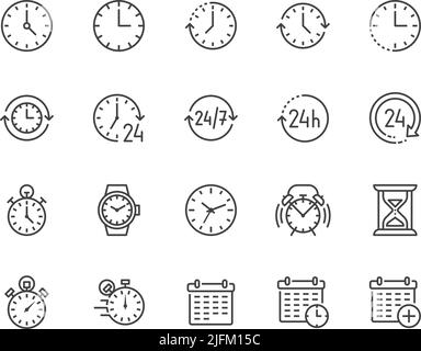 Symbole für flache Zeitlinien eingestellt. Wecker, Stoppuhr, Timer, Sandglas, Tag und Nacht, Kalender-Vektorgrafiken. Dünne Zeichen für Produktivität Stock Vektor