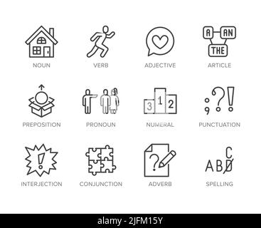 Symbole für Grammatik, Bildung mit flachen Linien. Teile von Redeverb, Präposition, Pronomen, Adjektiv, Interjektionsvektorillustrationen. Dünne Zeichen für Stock Vektor