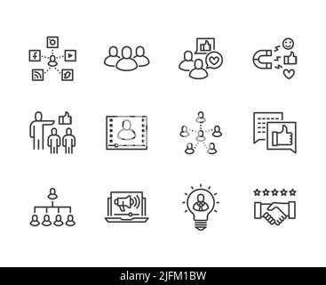 Symbole für die flache Linie der Key Opinion Leader gesetzt. Beeinflussen Sie Marketing, Social-Media-Werbung, Geschäftsleute, Blogger-Vektor-Illustrationen. Dünne Zeichen für Stock Vektor