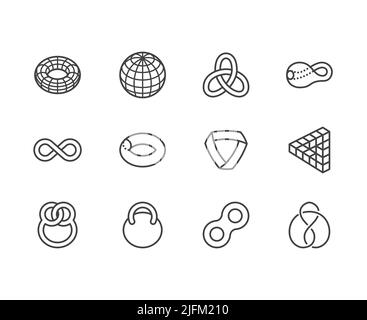 Symbole für geometrische Formen mit flacher Linie gesetzt. Topologiefiguren Kugel, Torus, mobius-Streifen, klein-Flaschen-Vektor-Illustrationen. Dünne Zeichen für Bildung Stock Vektor