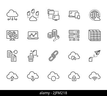 Symbole für die Zeile „Cloud Data Storage“ gesetzt. Datenbank, Informationsspeicher, Servercenter, globales Netzwerk, Backup, Laden Sie Vektorgrafiken herunter. Technologie Stock Vektor