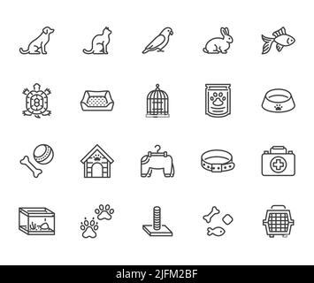 Set mit Symbolen für den Tierhandel mit flacher Linie. Hundeträger, Katzenkratzer, Vogelkäfig, Kaninchen, Fischaquarium, haustiere Pfote, Kragen Vektor-Illustrationen. Dünne Zeichen für Stock Vektor