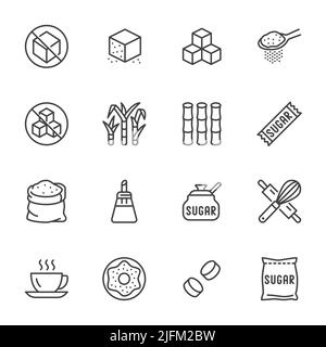 Zuckerrohr, Würfel flache Linie Symbole gesetzt. Süßstoff, Stevia, Backwaren Vektorgrafiken. Skizzieren Sie die Schilder für zuckerfreie Lebensmittel. Pixel Perfect 64x64 Stock Vektor