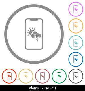 Wettervorhersage auf modernem Smartphone flache Farbsymbole in runden Umrissen auf weißem Hintergrund Stock Vektor