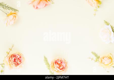 Rahmen aus orangen Rosen auf weißem Hintergrund. Stockfoto