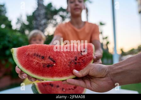 Zwei kleine Kinder, junge Brüder, essen Wassermelone im Park, Sommerzeit Stockfoto