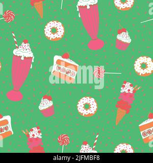 Nahtloses Vektormuster mit Eis, Cupcakes und Donuts auf grünem Hintergrund. Geschmackvolles Tapetendesign mit süßem Essen. Stock Vektor