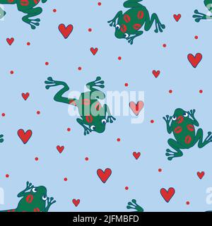 Nahtloses Vektor-Muster mit Frosch und Liebe Herzen auf blauem Hintergrund. Niedliches Tier Valentinstag Tapete Design. Kiss Markierungen auf Frosch. Stock Vektor