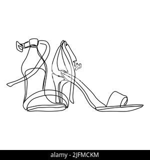 Schuhe Frau Linie Kunst Vektor Illustration. Sommer Damen Sandalen mit Stilettos isoliert schwarzen Umriss auf weißem Hintergrund. Damenschuhe zum Tanzen Stock Vektor